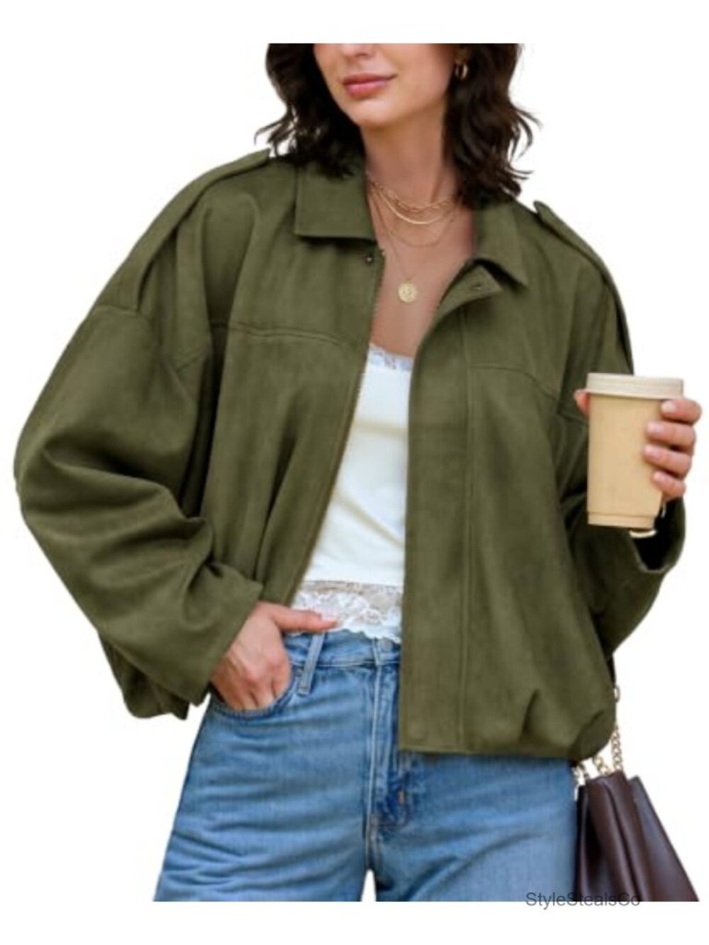 Women's Oversized Faux Suede Bomber Jacket Zip Up Fall Outwear